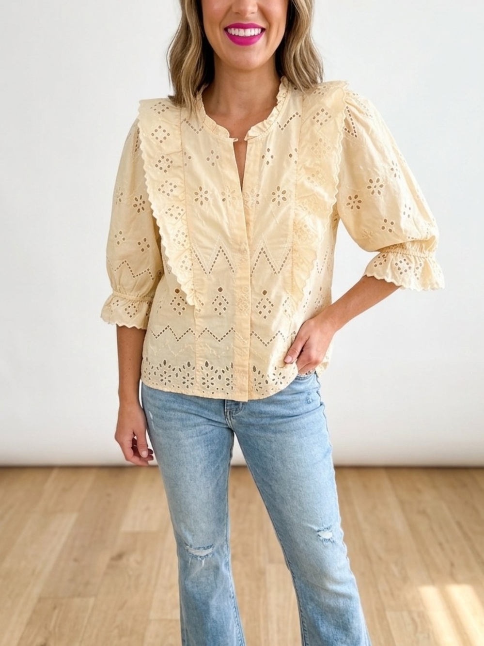 Zara Cream Eyelet Lace Ruffle Blouse Small - Romantic Cottagecore Button Up Top